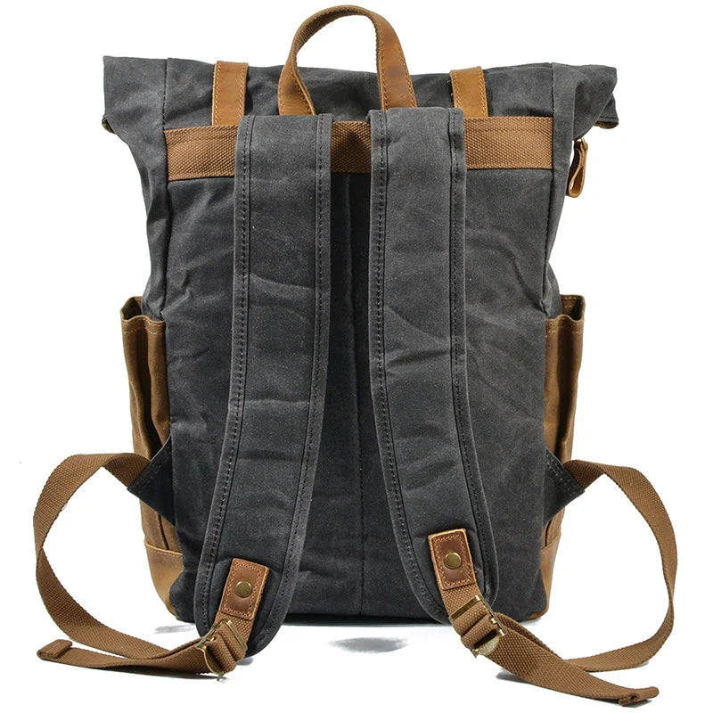 Men’s Waxed Canvas Backpack - Buckle Flap Leather Trim