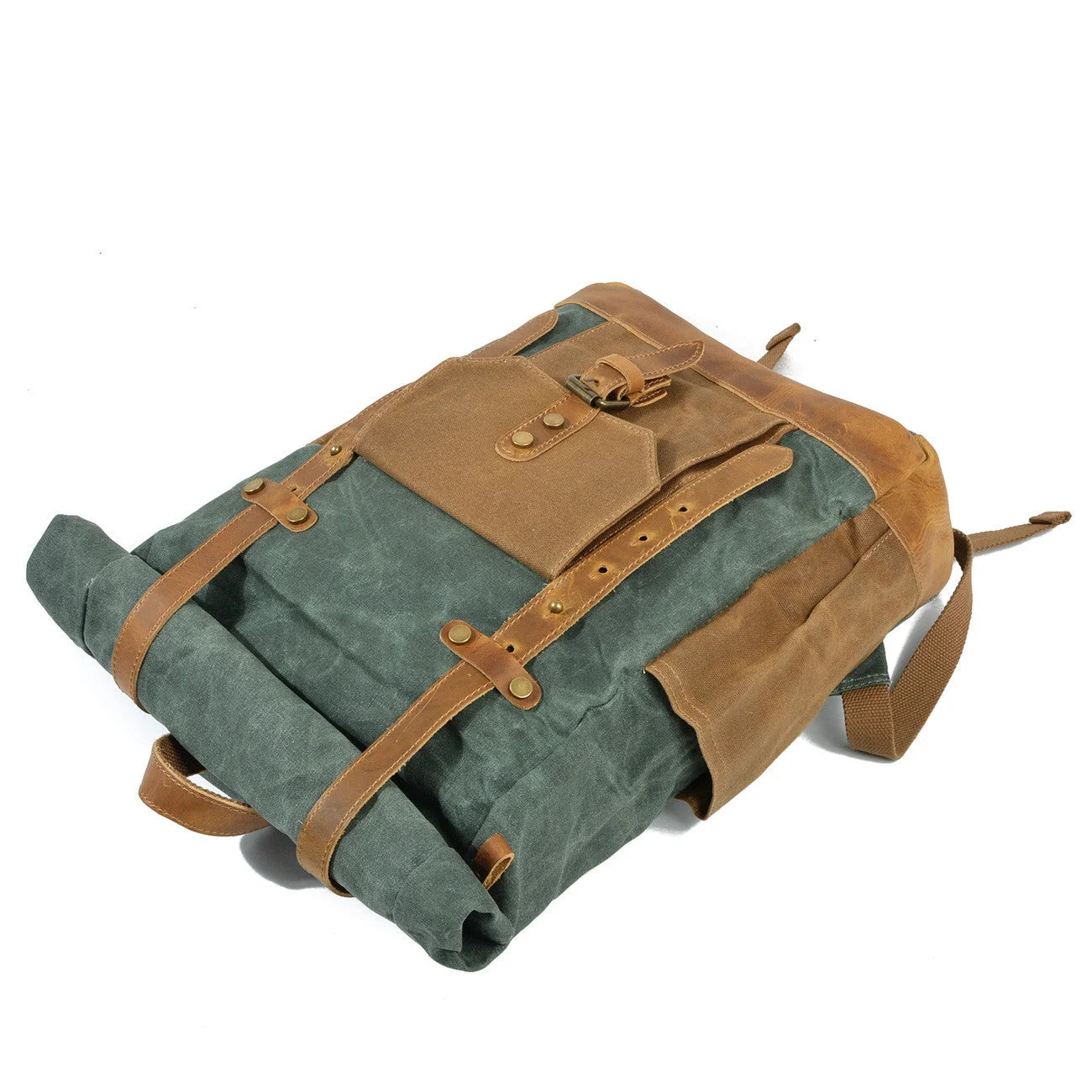 Men’s Waxed Canvas Backpack - Buckle Flap Leather Trim