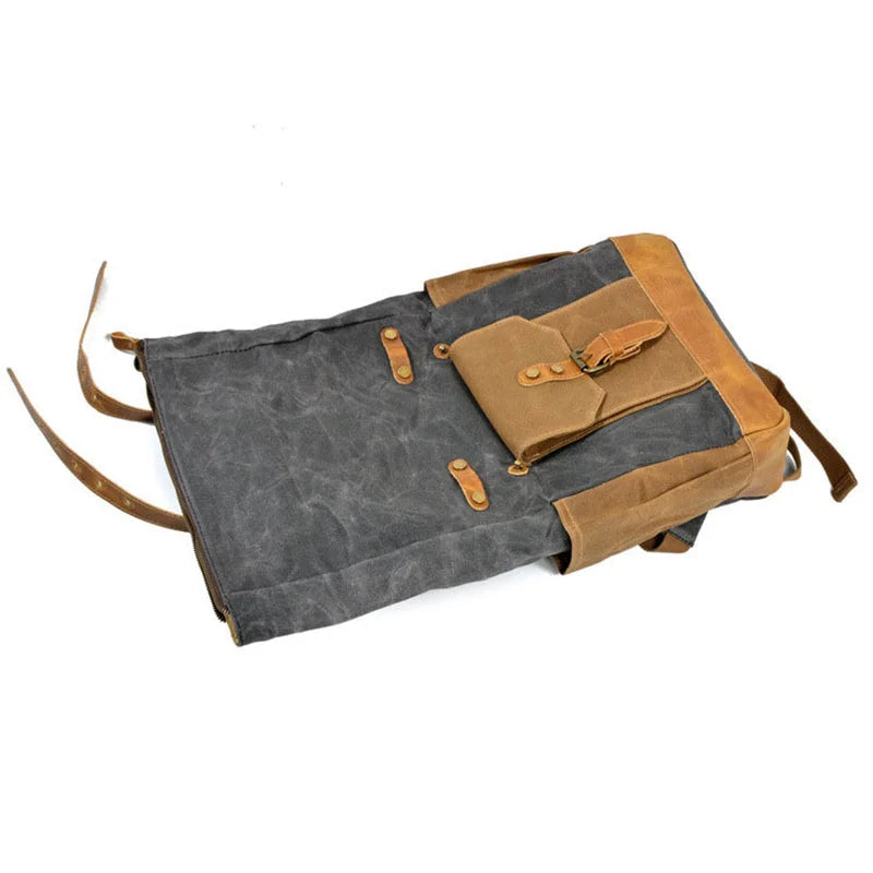 Men’s Waxed Canvas Backpack - Buckle Flap Leather Trim
