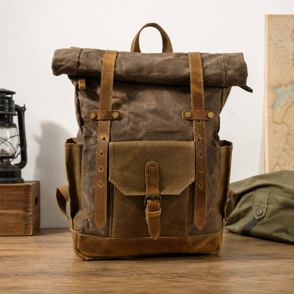 Men’s Waxed Canvas Backpack - Buckle Flap Leather Trim - Coffee