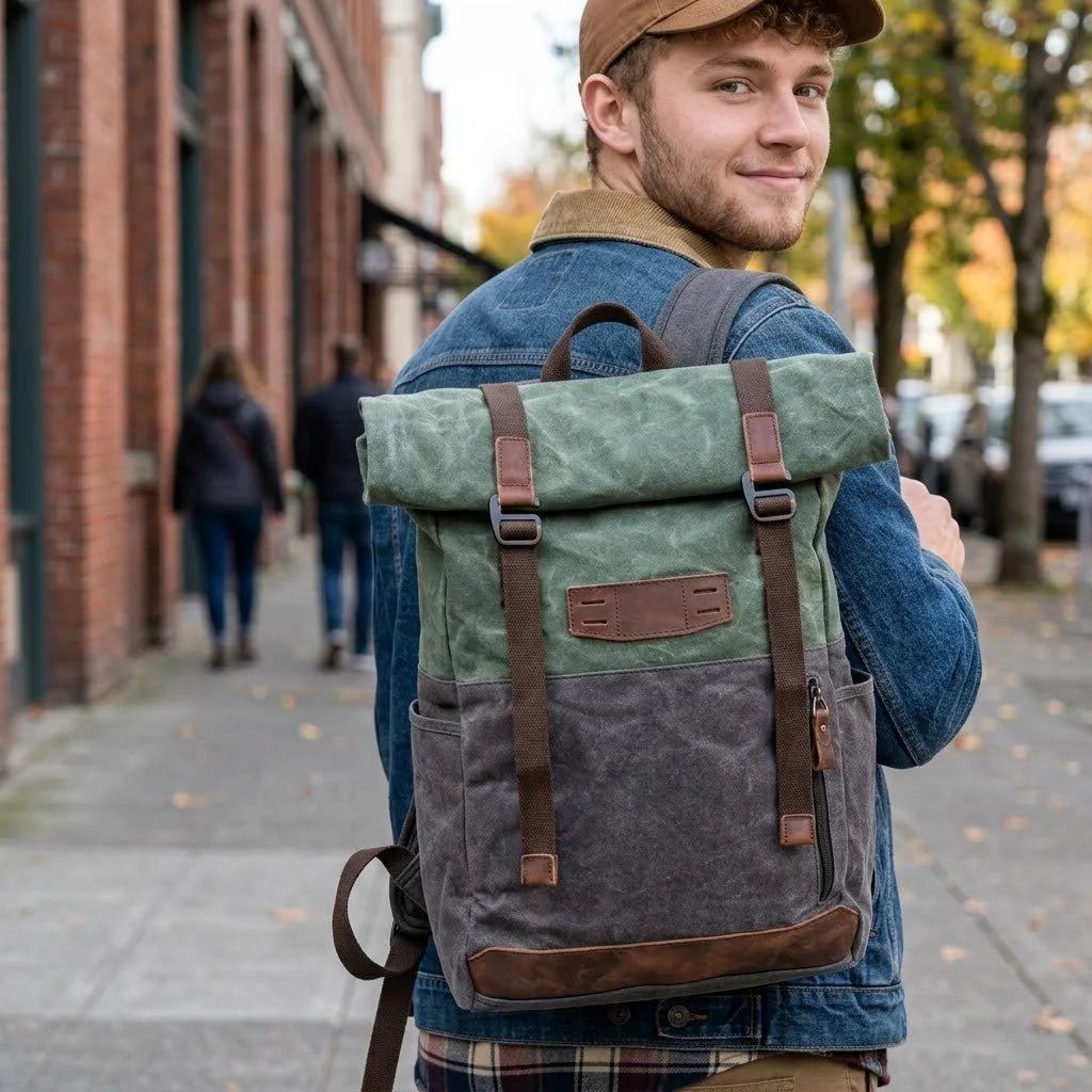 Men’s Waxed Canvas Backpack - Cowhide Leather Trim Rucksack