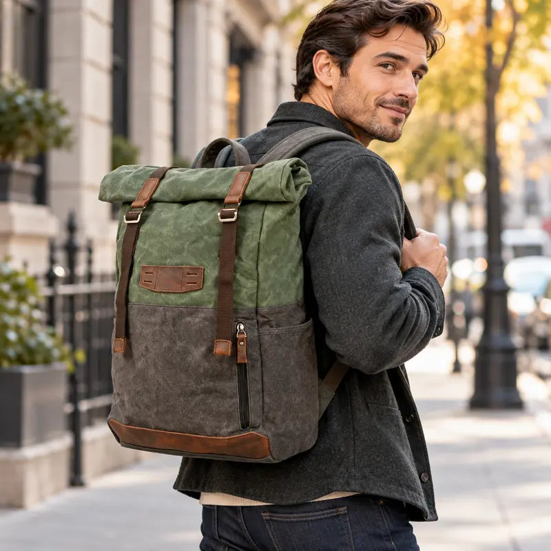 Men’s Waxed Canvas Backpack - Cowhide Leather Trim Rucksack