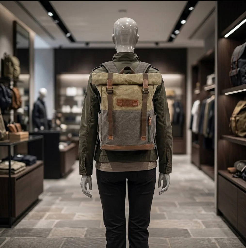 Men’s Waxed Canvas Backpack - Cowhide Leather Trim Rucksack