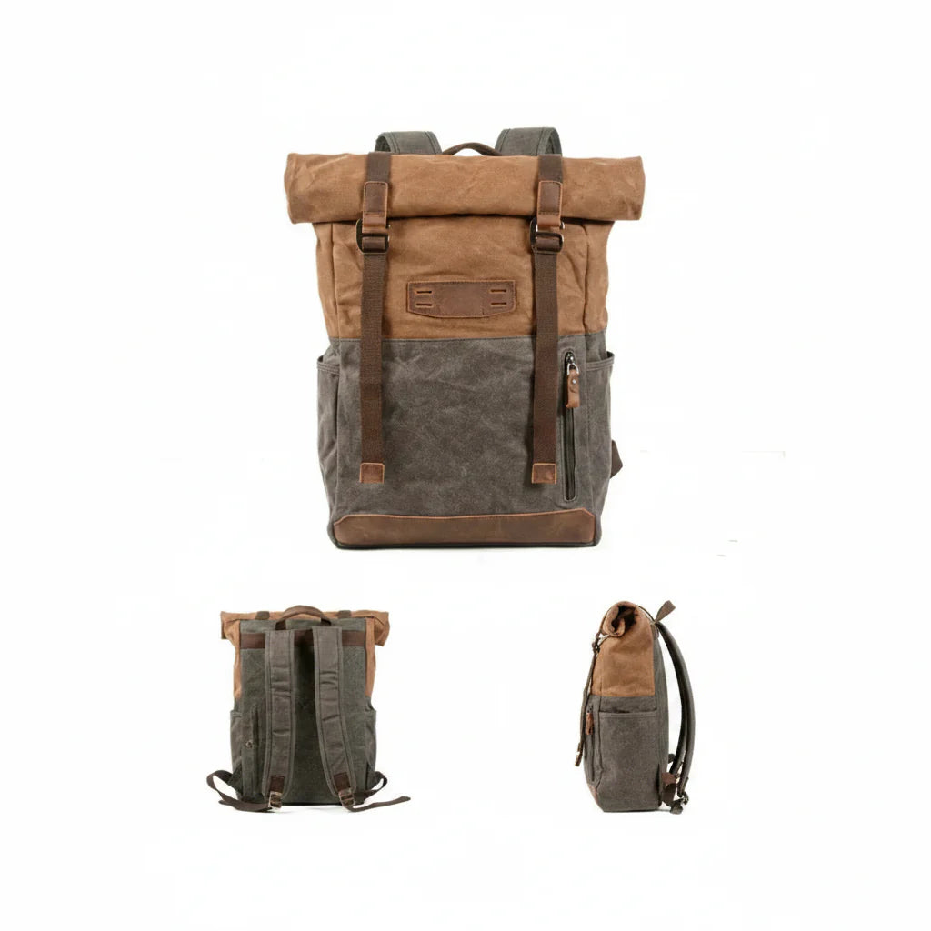 Men’s Waxed Canvas Backpack - Cowhide Leather Trim Rucksack
