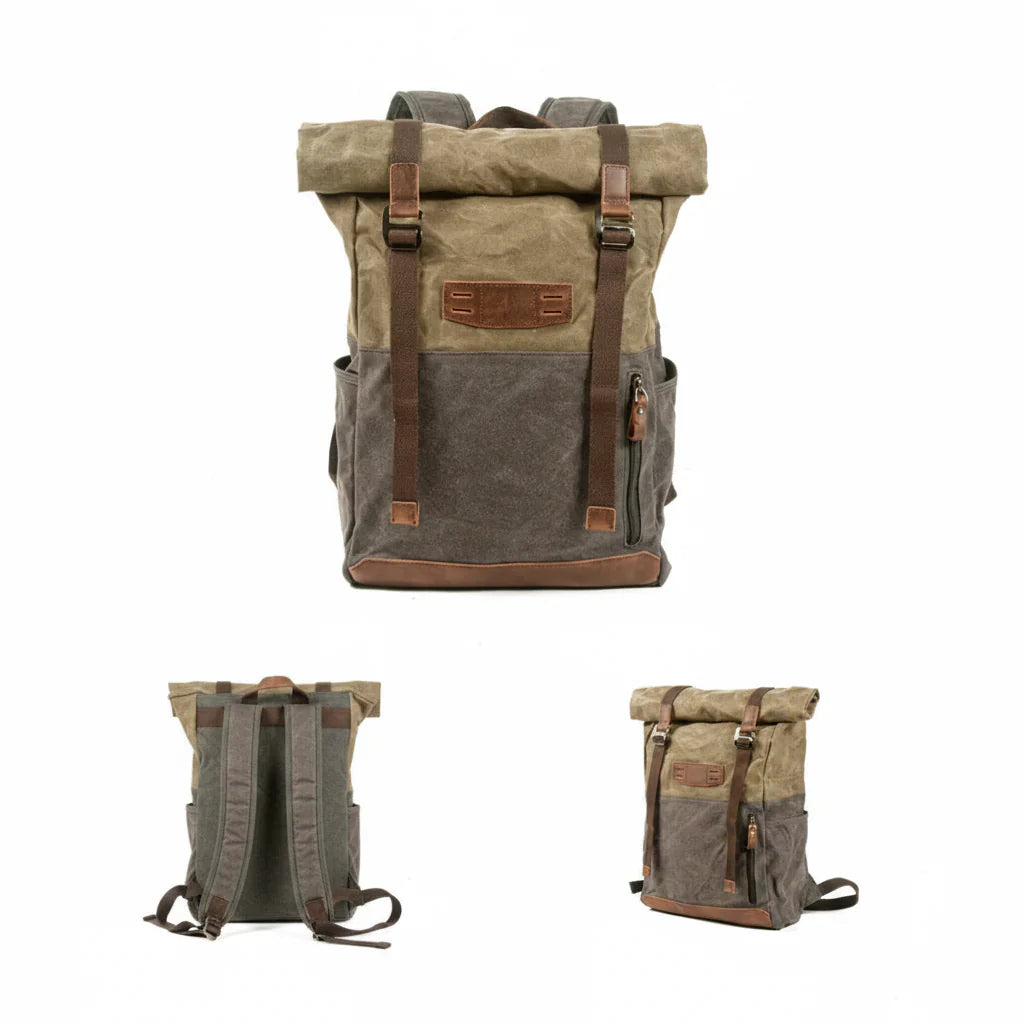 Men’s Waxed Canvas Backpack - Cowhide Leather Trim Rucksack