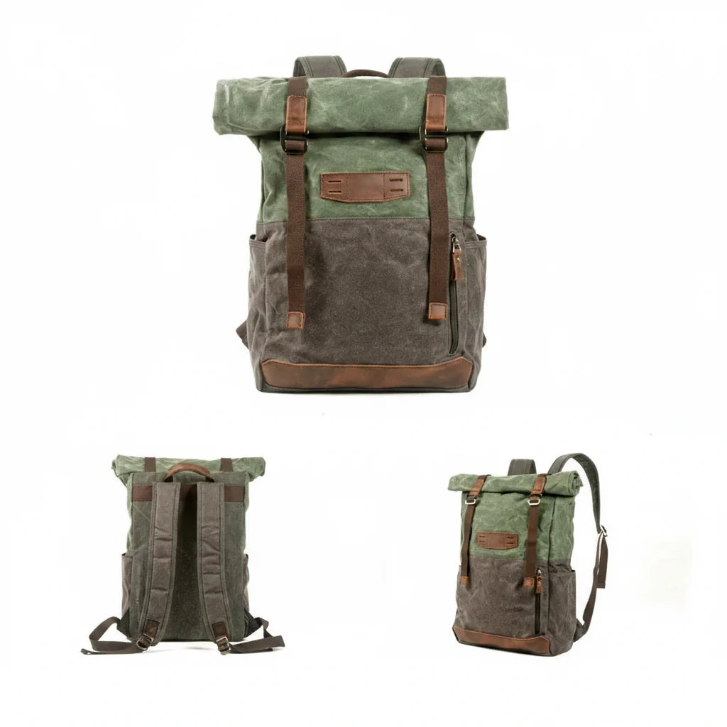 Men’s Waxed Canvas Backpack - Cowhide Leather Trim Rucksack