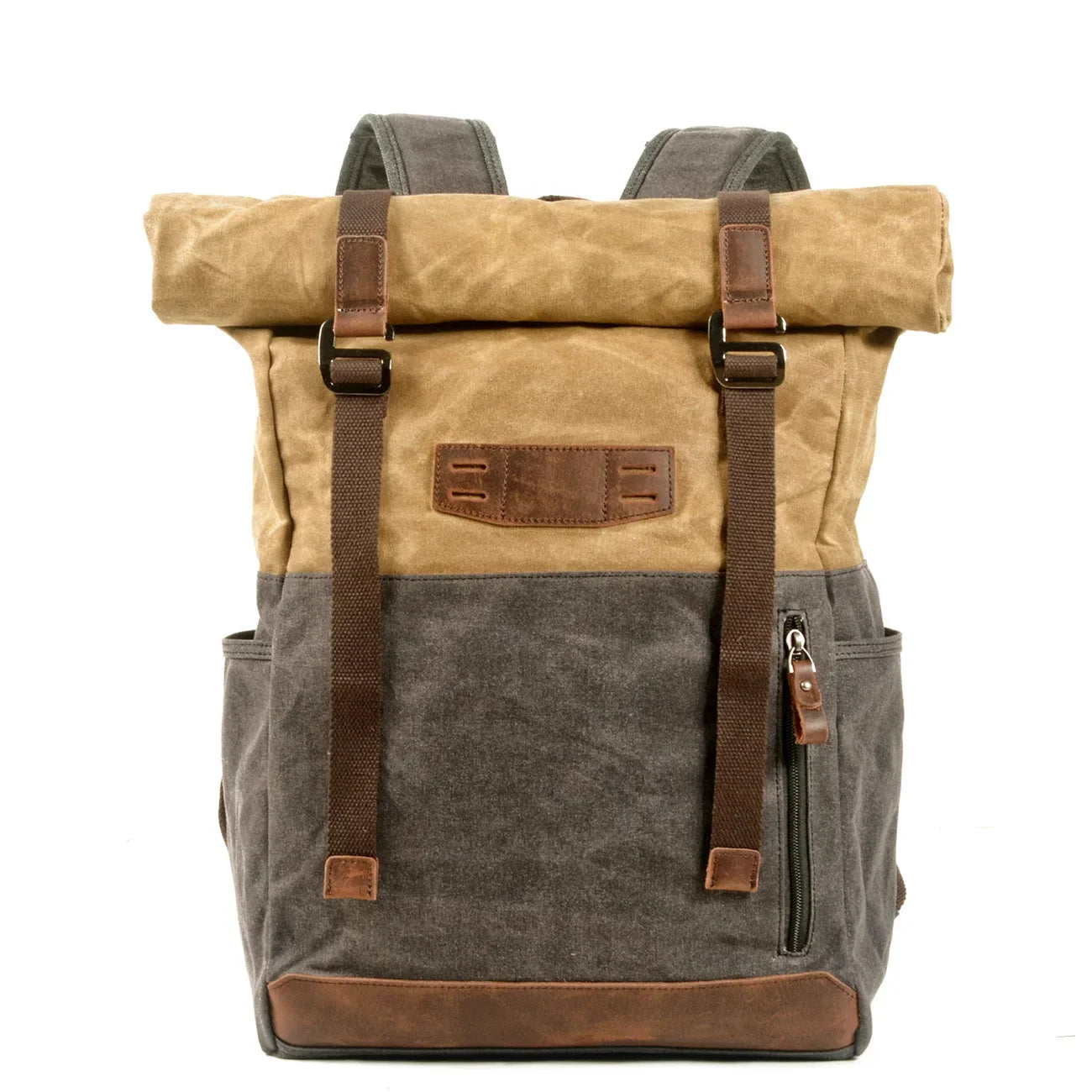 Men’s Waxed Canvas Backpack - Cowhide Leather Trim Rucksack - Khaki
