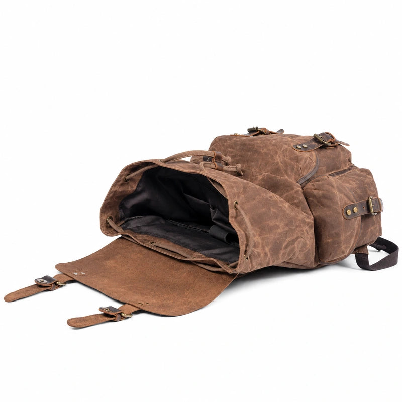 Men’s Waxed Canvas Backpack - Crazy Horse Leather Multi-Pocket Rucksack