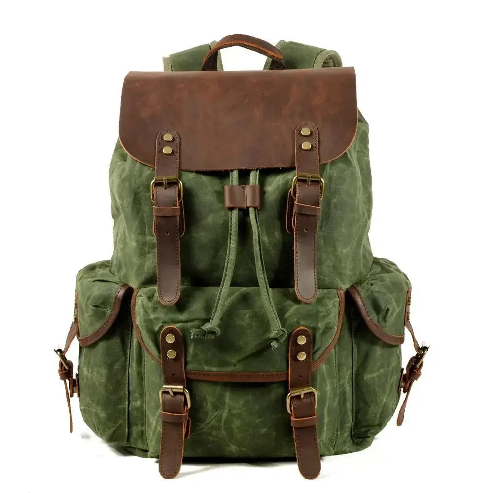 Men’s Waxed Canvas Backpack - Crazy Horse Leather Multi-Pocket Rucksack - Forest Green