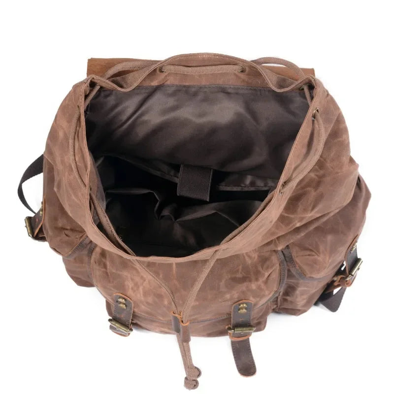 Men’s Waxed Canvas Backpack - Crazy Horse Leather Multi-Pocket Rucksack