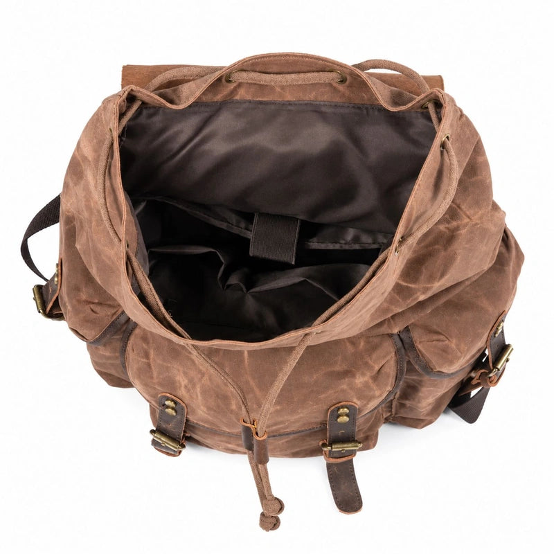 Men’s Waxed Canvas Backpack - Crazy Horse Leather Multi-Pocket Rucksack