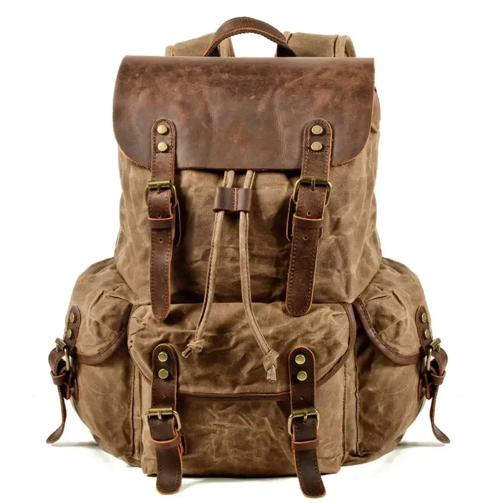 Men’s Waxed Canvas Backpack - Crazy Horse Leather Multi-Pocket Rucksack - Khaki