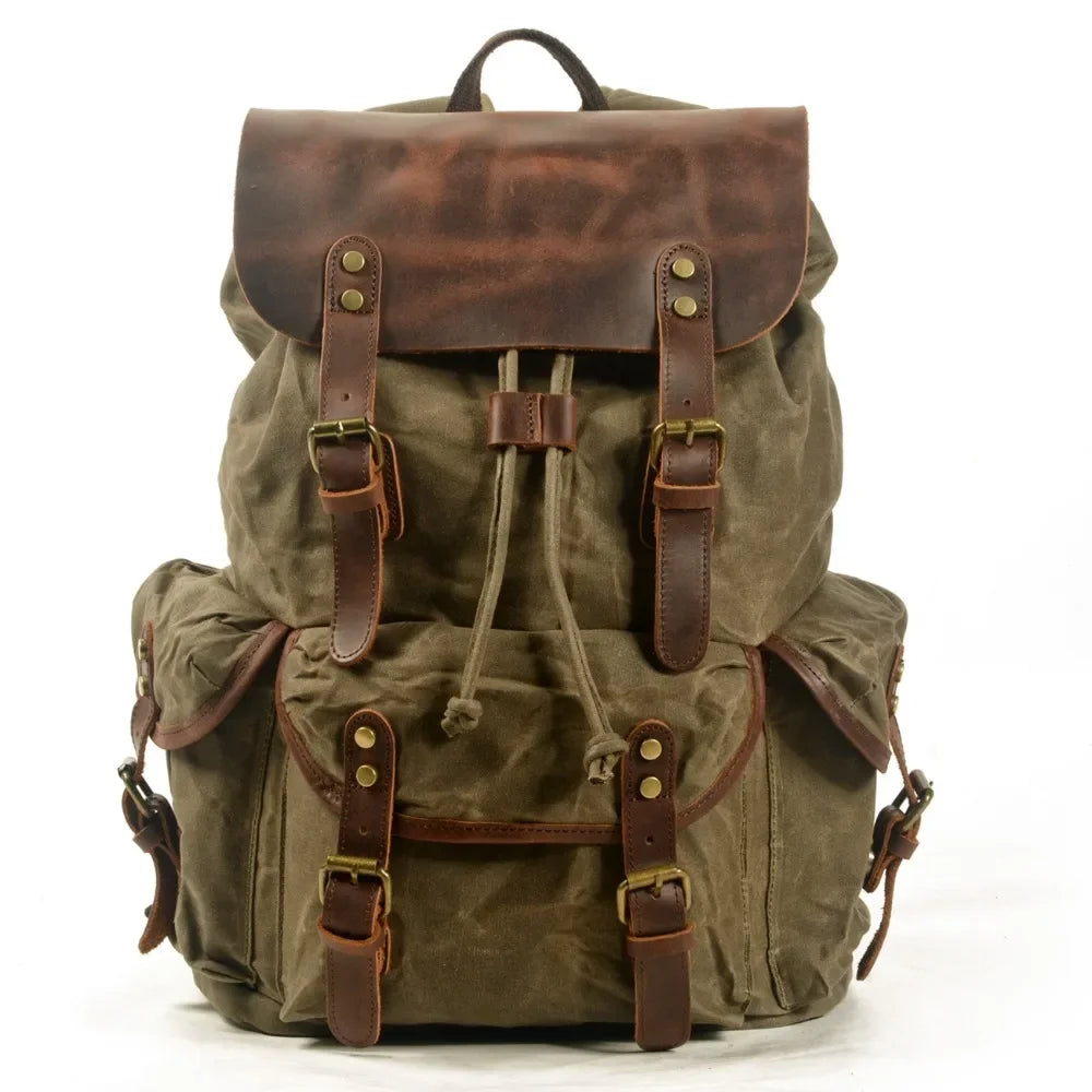 Men’s Waxed Canvas Backpack - Crazy Horse Leather Multi-Pocket Rucksack - Olive