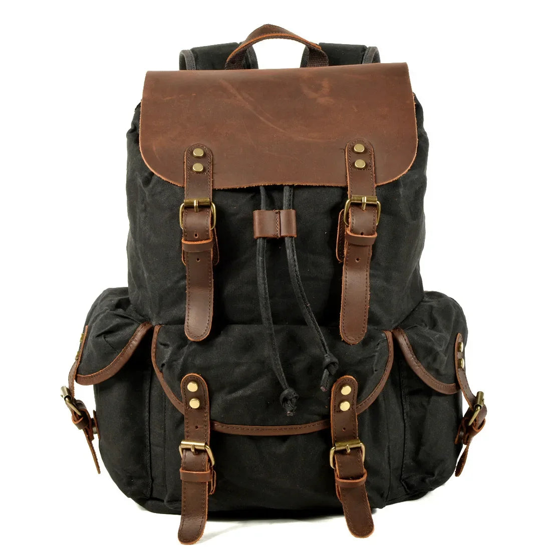 Men’s Waxed Canvas Backpack - Crazy Horse Leather Multi-Pocket Rucksack - Black