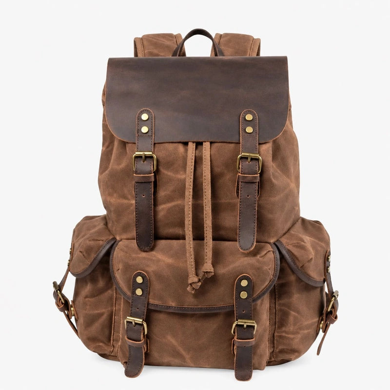 Men’s Waxed Canvas Backpack - Crazy Horse Leather Multi-Pocket Rucksack - Coffee
