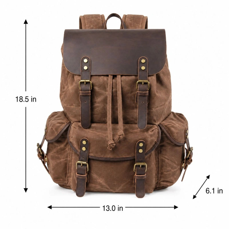 Men’s Waxed Canvas Backpack - Crazy Horse Leather Multi-Pocket Rucksack