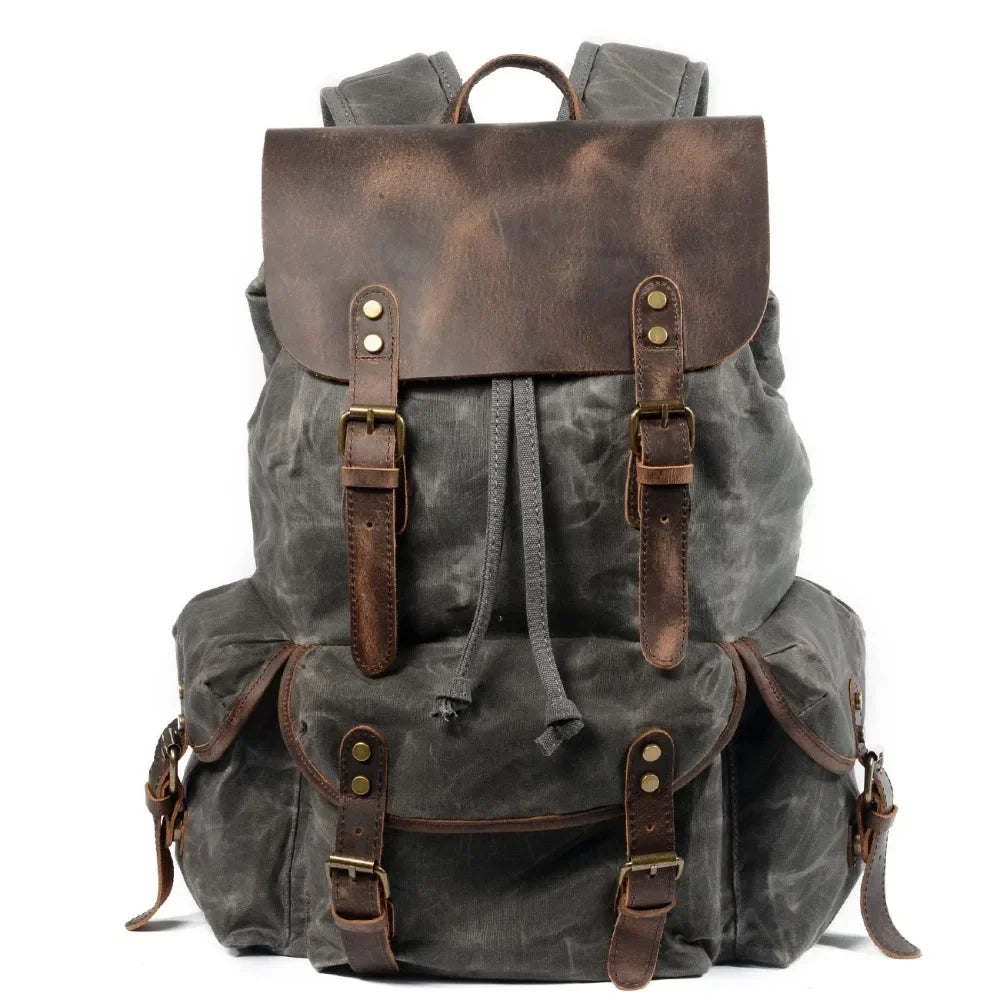 Men’s Waxed Canvas Backpack - Crazy Horse Leather Multi-Pocket Rucksack - Gray