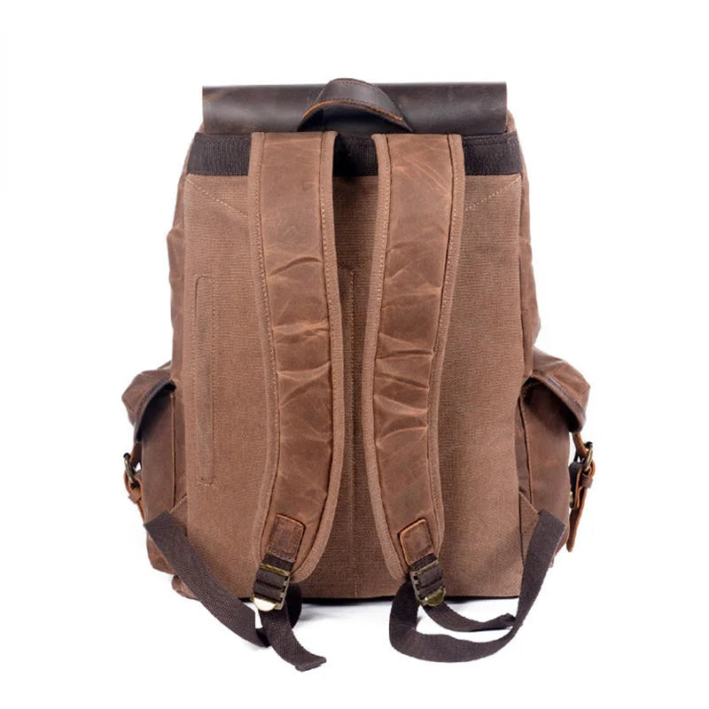 Men’s Waxed Canvas Backpack - Crazy Horse Leather Multi-Pocket Rucksack