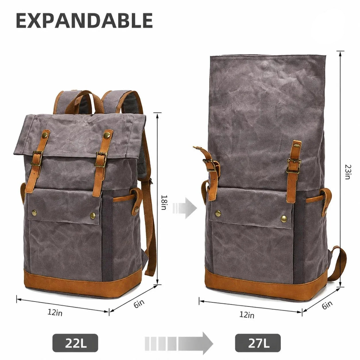 Men’s Waxed Canvas Backpack - Expandable Roll-Top with Leather Trim