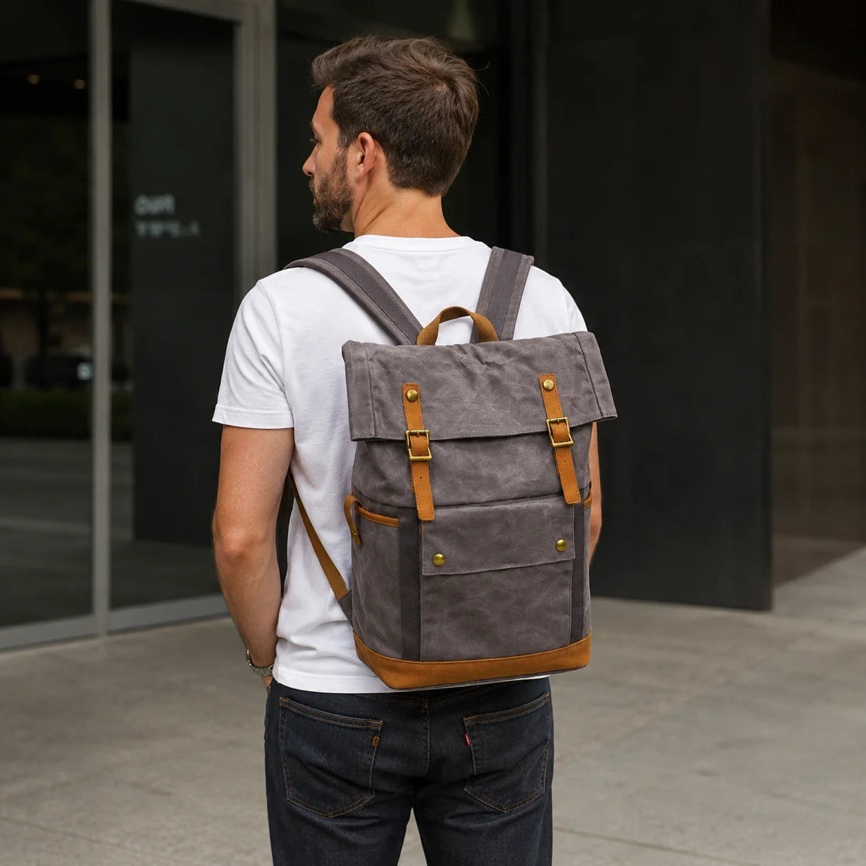 Men’s Waxed Canvas Backpack - Expandable Roll-Top with Leather Trim