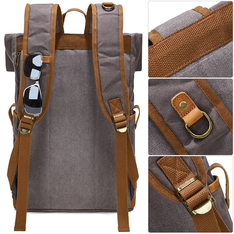 Men’s Waxed Canvas Backpack - Expandable Roll-Top with Leather Trim