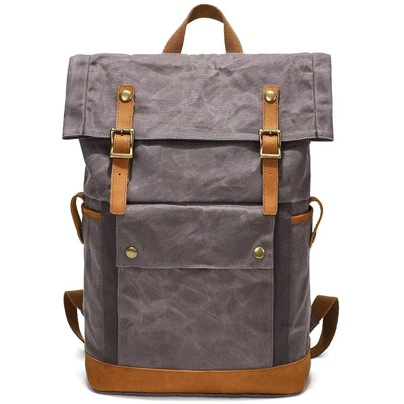 Men’s Waxed Canvas Backpack - Expandable Roll-Top with Leather Trim - Gray
