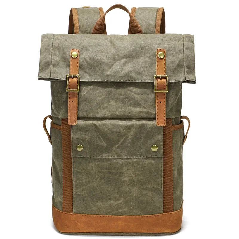 Men’s Waxed Canvas Backpack - Expandable Roll-Top with Leather Trim - Army green