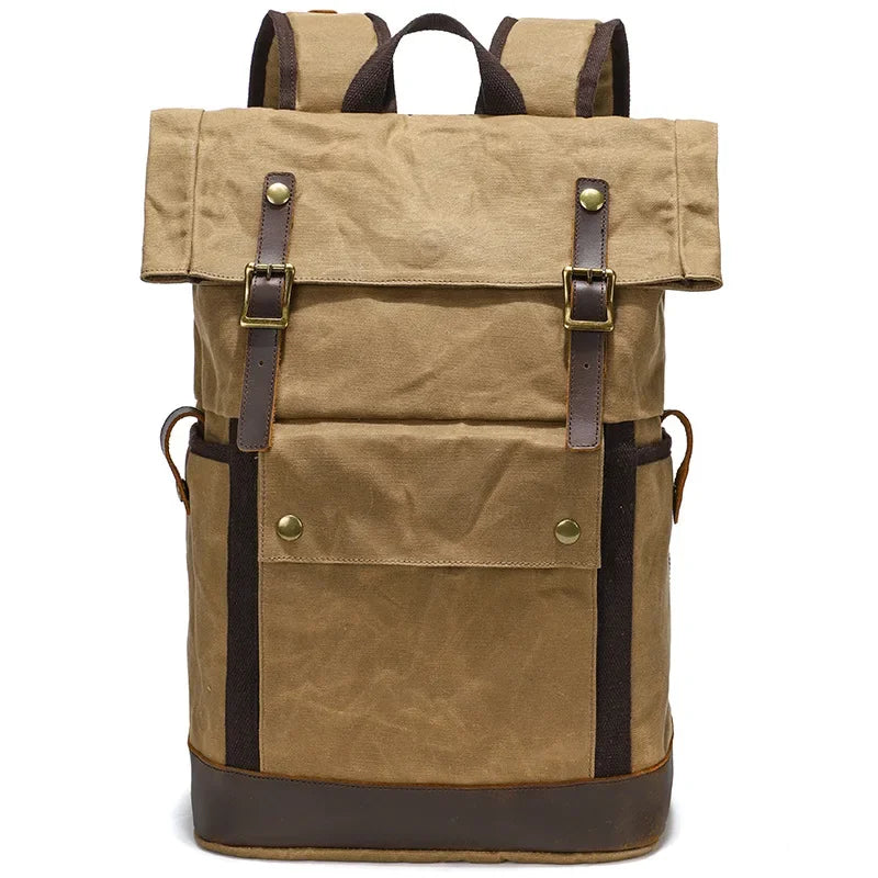 Men’s Waxed Canvas Backpack - Expandable Roll-Top with Leather Trim - Khaki
