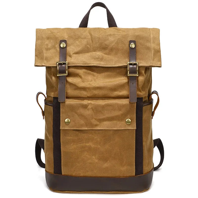 Men’s Waxed Canvas Backpack - Expandable Roll-Top with Leather Trim - Yellow