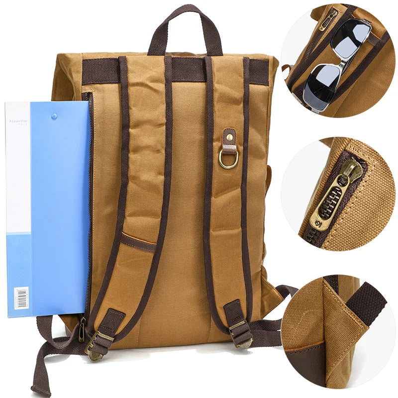 Men’s Waxed Canvas Backpack - Expandable Roll-Top with Leather Trim