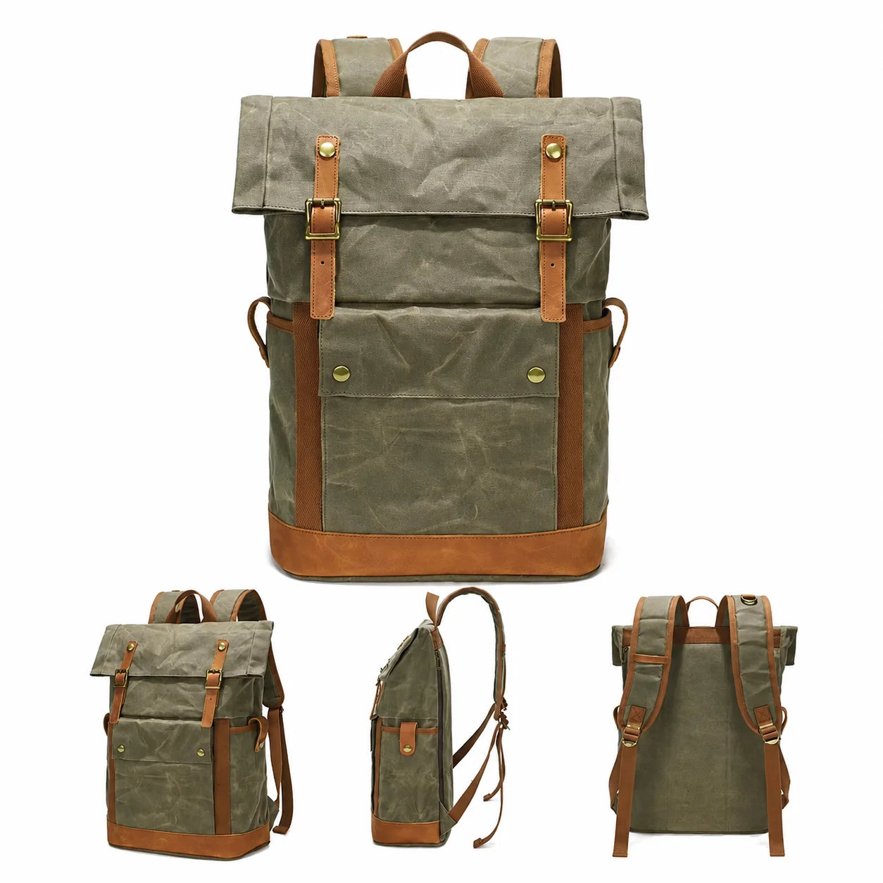 Men’s Waxed Canvas Backpack - Expandable Roll-Top with Leather Trim