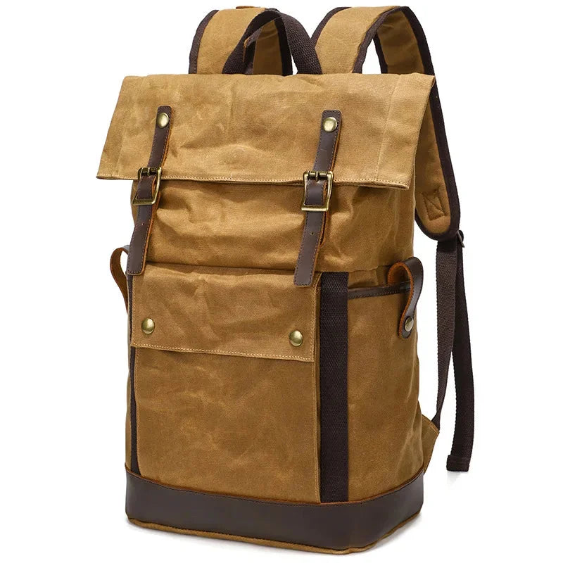 Men’s Waxed Canvas Backpack - Expandable Roll-Top with Leather Trim