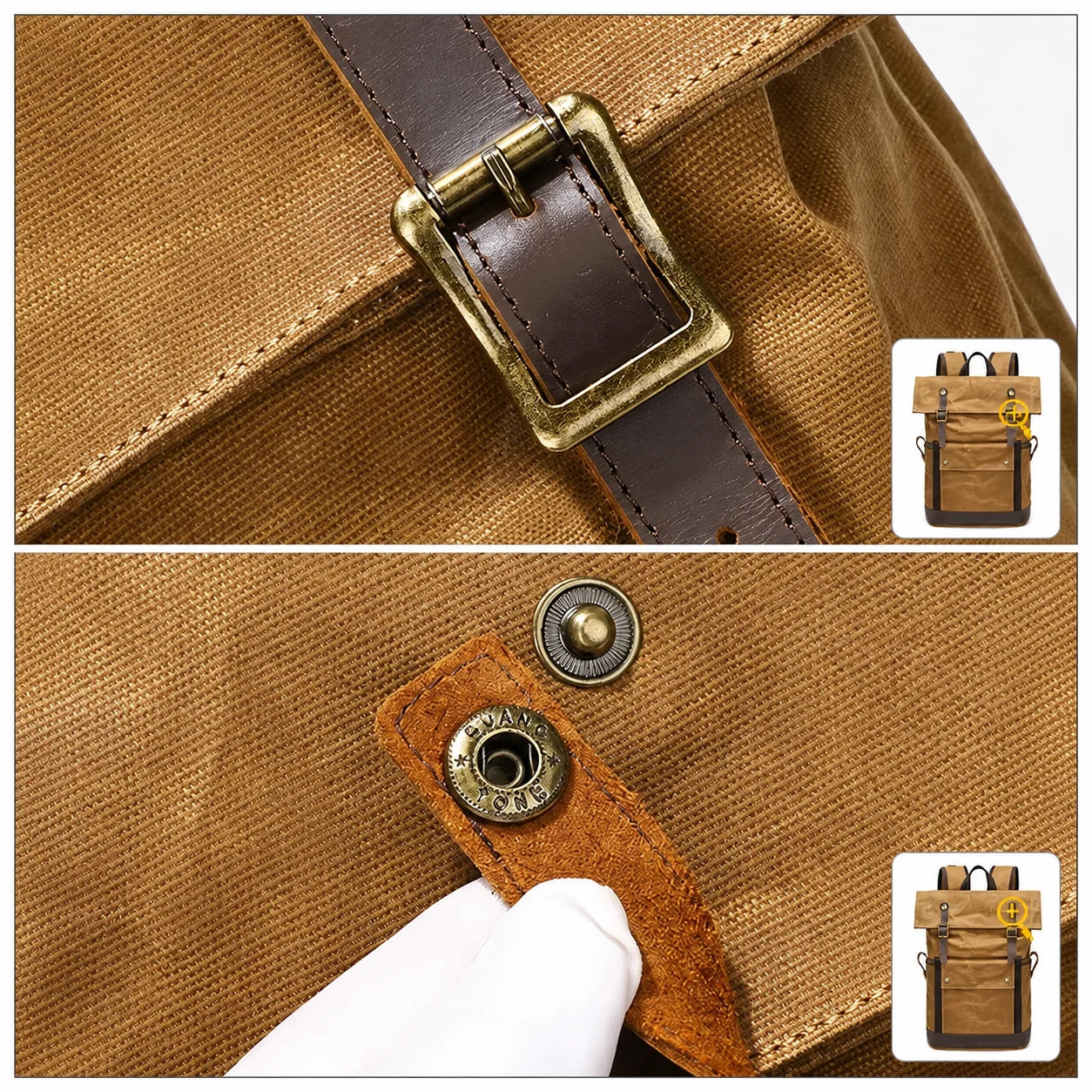 Men’s Waxed Canvas Backpack - Expandable Roll-Top with Leather Trim