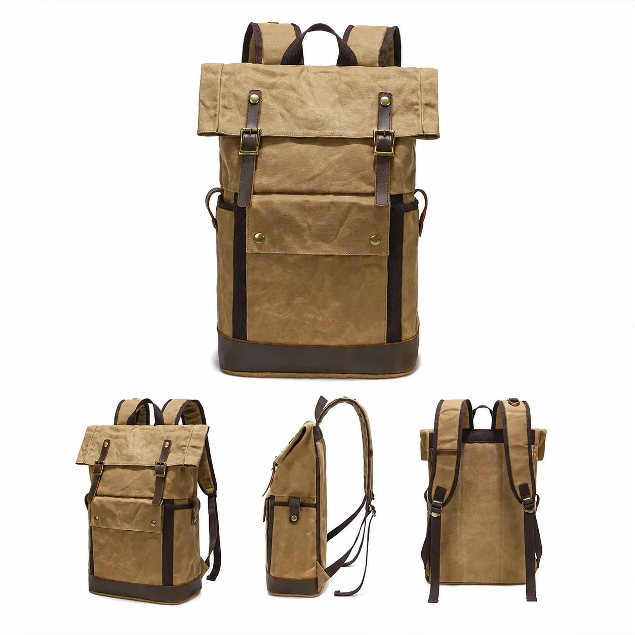 Men’s Waxed Canvas Backpack - Expandable Roll-Top with Leather Trim