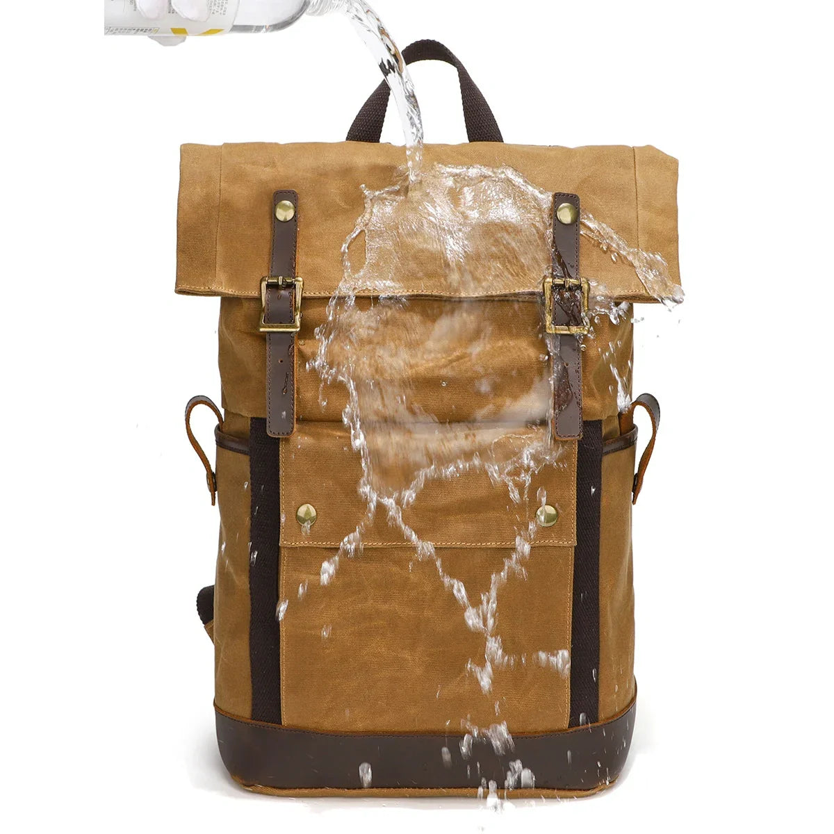 Men’s Waxed Canvas Backpack - Expandable Roll-Top with Leather Trim
