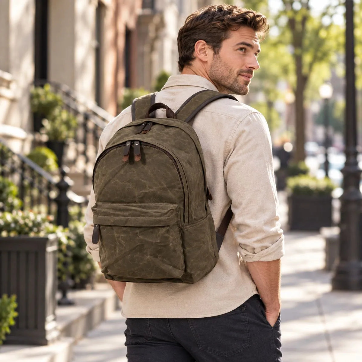 Men’s Waxed Canvas Backpack - Front Pocket Daypack