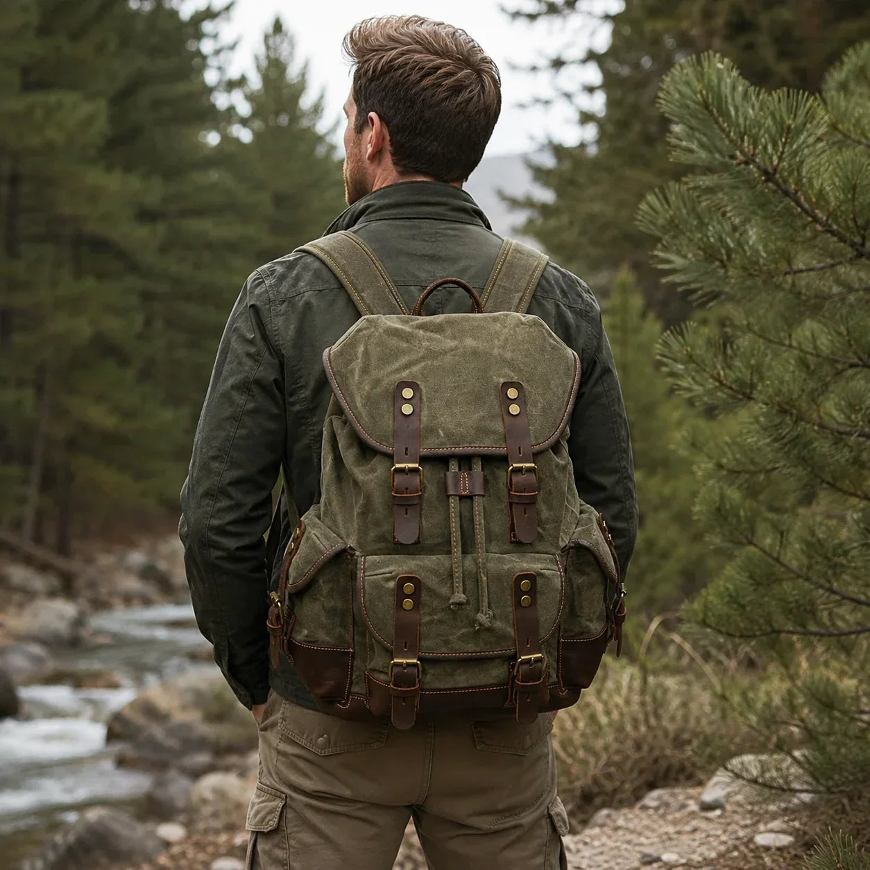Men’s Waxed Canvas Backpack - Leather Trim Vintage Rucksack