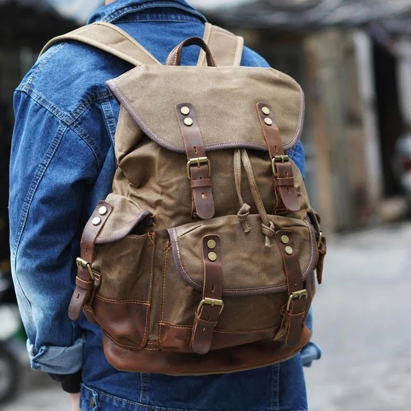 Men’s Waxed Canvas Backpack - Leather Trim Vintage Rucksack