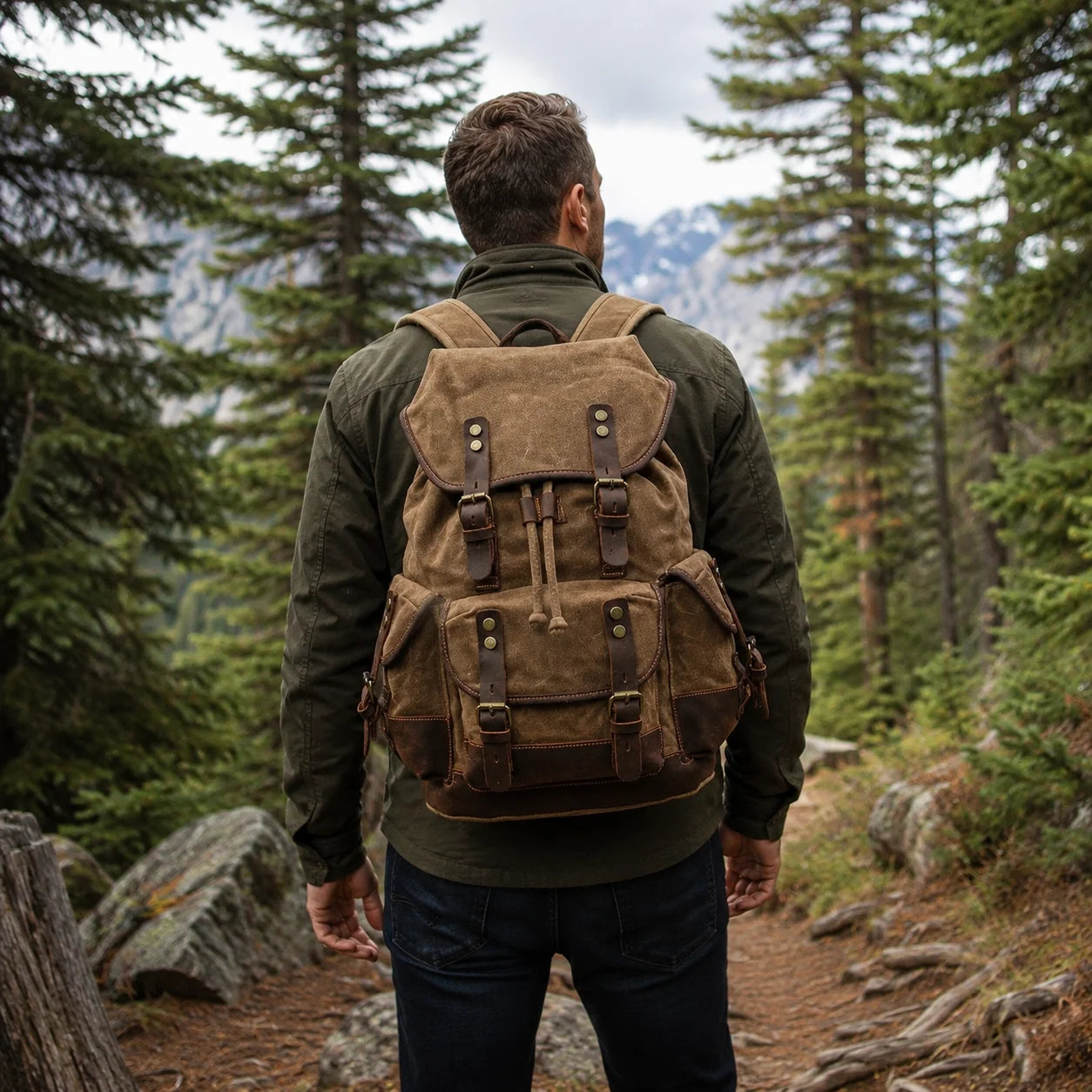 Men’s Waxed Canvas Backpack - Leather Trim Vintage Rucksack