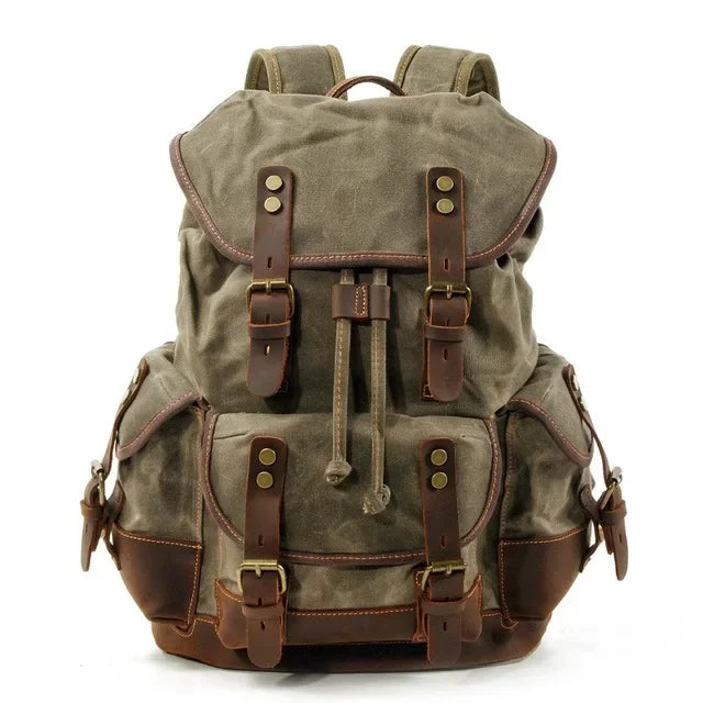 Men’s Waxed Canvas Backpack - Leather Trim Vintage Rucksack - Army green