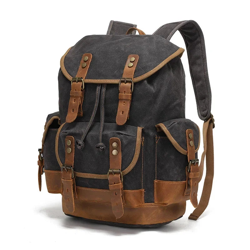Men’s Waxed Canvas Backpack - Leather Trim Vintage Rucksack - Black