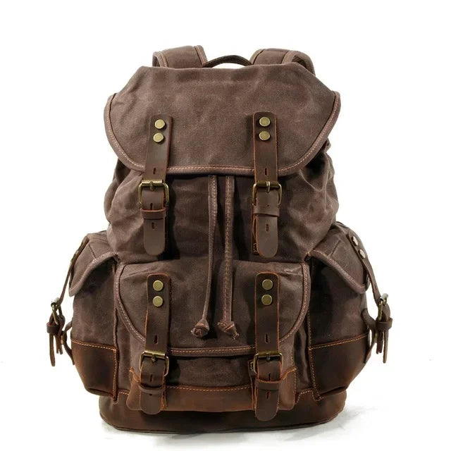 Men’s Waxed Canvas Backpack - Leather Trim Vintage Rucksack - Coffee
