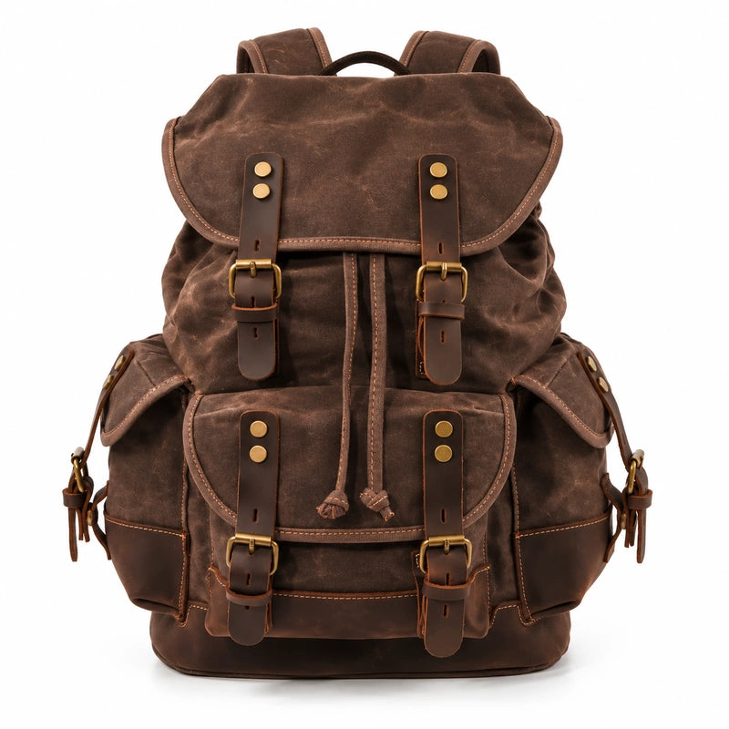 Men’s Waxed Canvas Backpack - Leather Trim Vintage Rucksack - Coffee