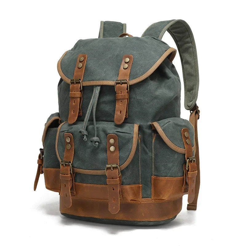 Men’s Waxed Canvas Backpack - Leather Trim Vintage Rucksack - Forest green