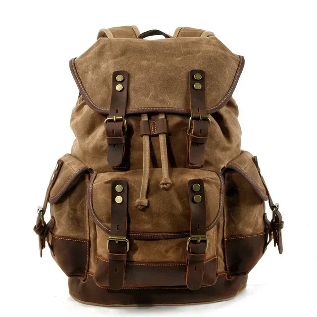 Men’s Waxed Canvas Backpack - Leather Trim Vintage Rucksack - Khaki