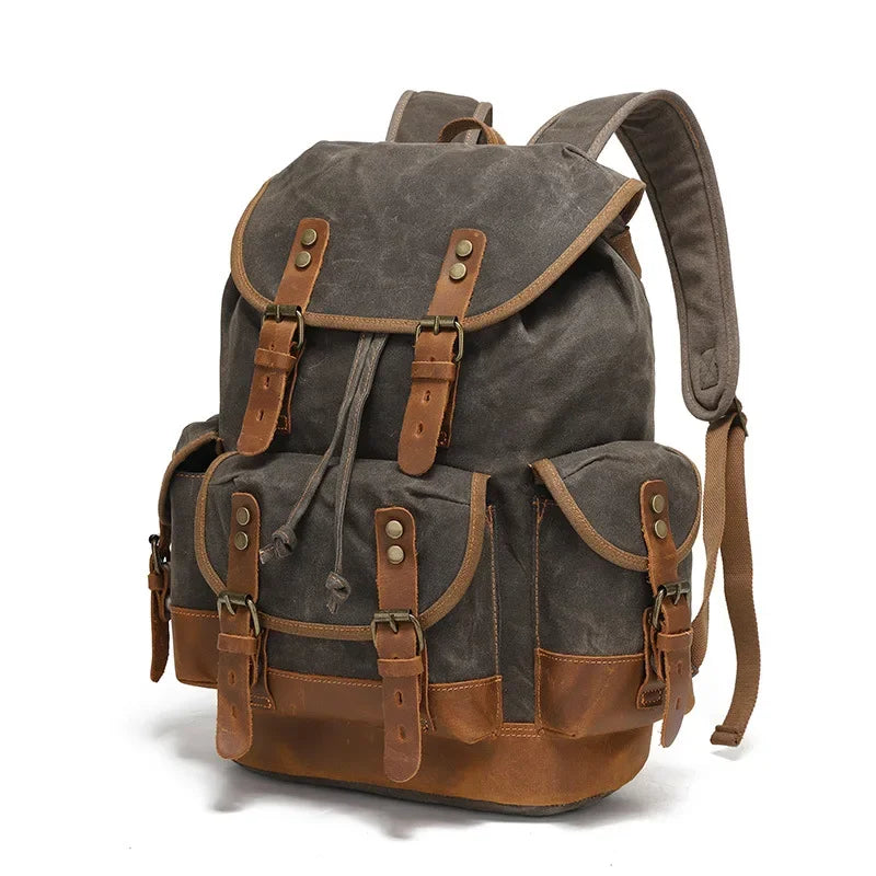 Men’s Waxed Canvas Backpack - Leather Trim Vintage Rucksack - Olive