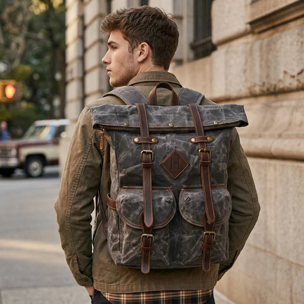 Men’s Waxed Canvas Backpack - Two-Pocket 16’’ Laptop Rucksack