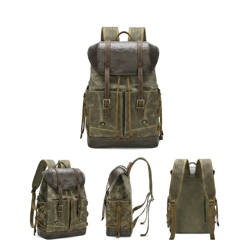 Men’s Waxed Canvas Backpack - Vintage Flap Laptop Rucksack