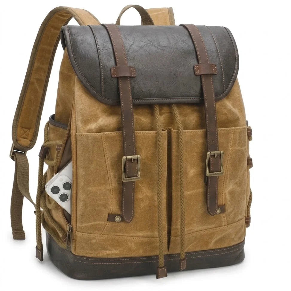 Men’s Waxed Canvas Backpack - Vintage Flap Laptop Rucksack