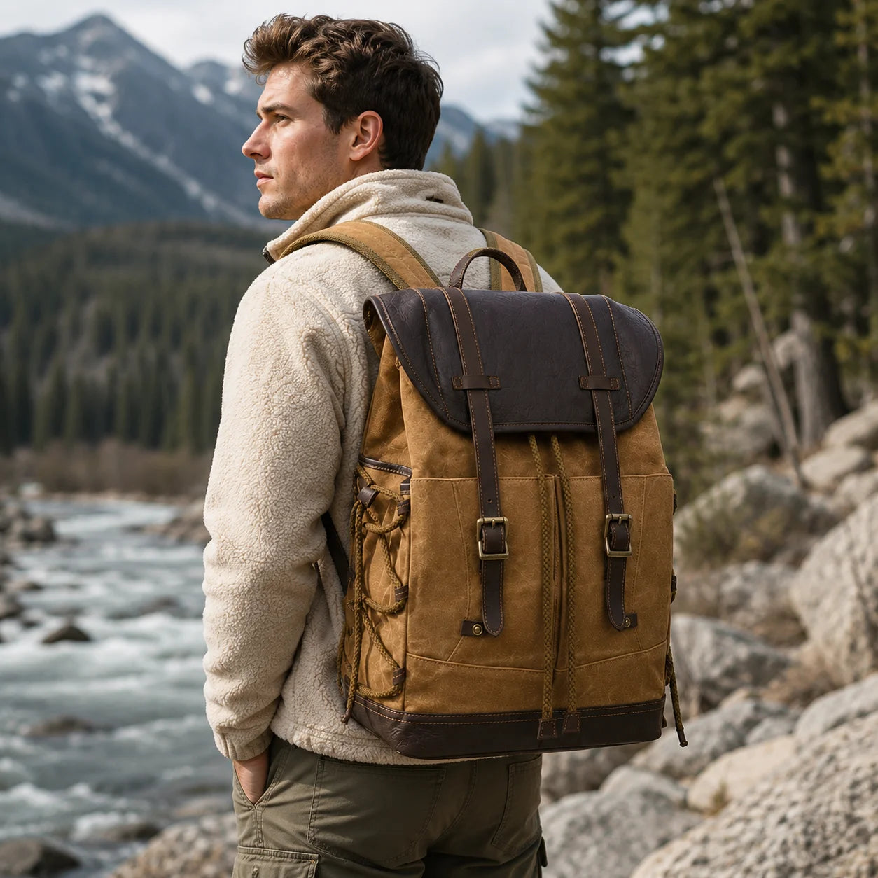 Men’s Waxed Canvas Backpack - Vintage Flap Laptop Rucksack